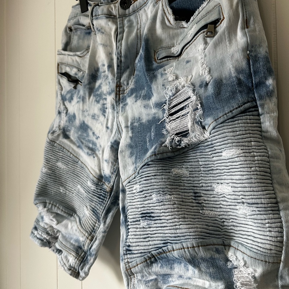 Distressed Blue and White Denim Jeans